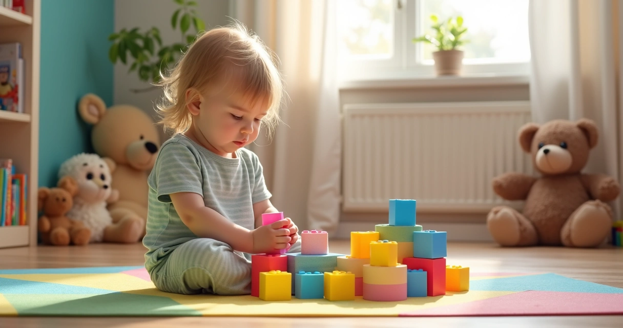 Criança brincando sozinha com blocos de montar no quarto 
