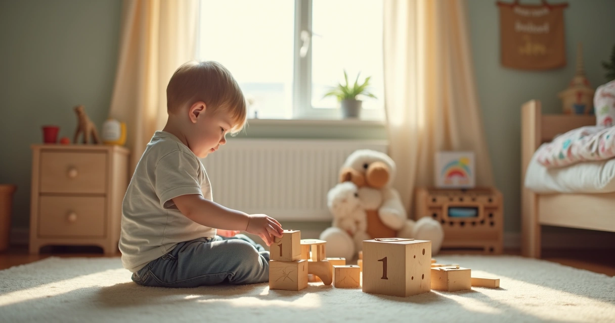 Menino brincando sozinho sentado no chão do quarto