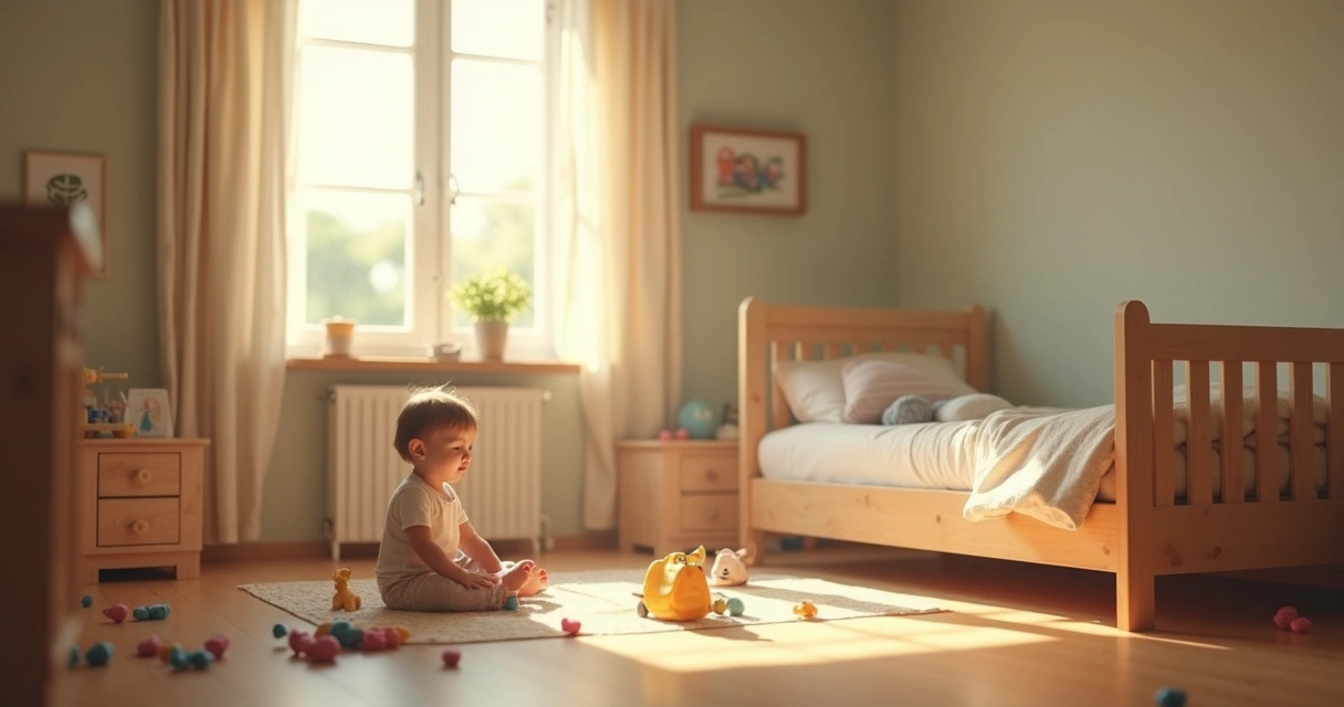 Criança brincando sozinha no chão do quarto com iluminação suave 