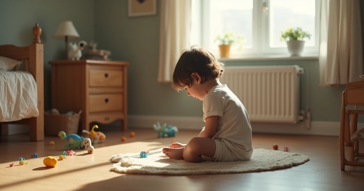 Criança sentada no chão do quarto olhando para baixo e brincando sozinha 