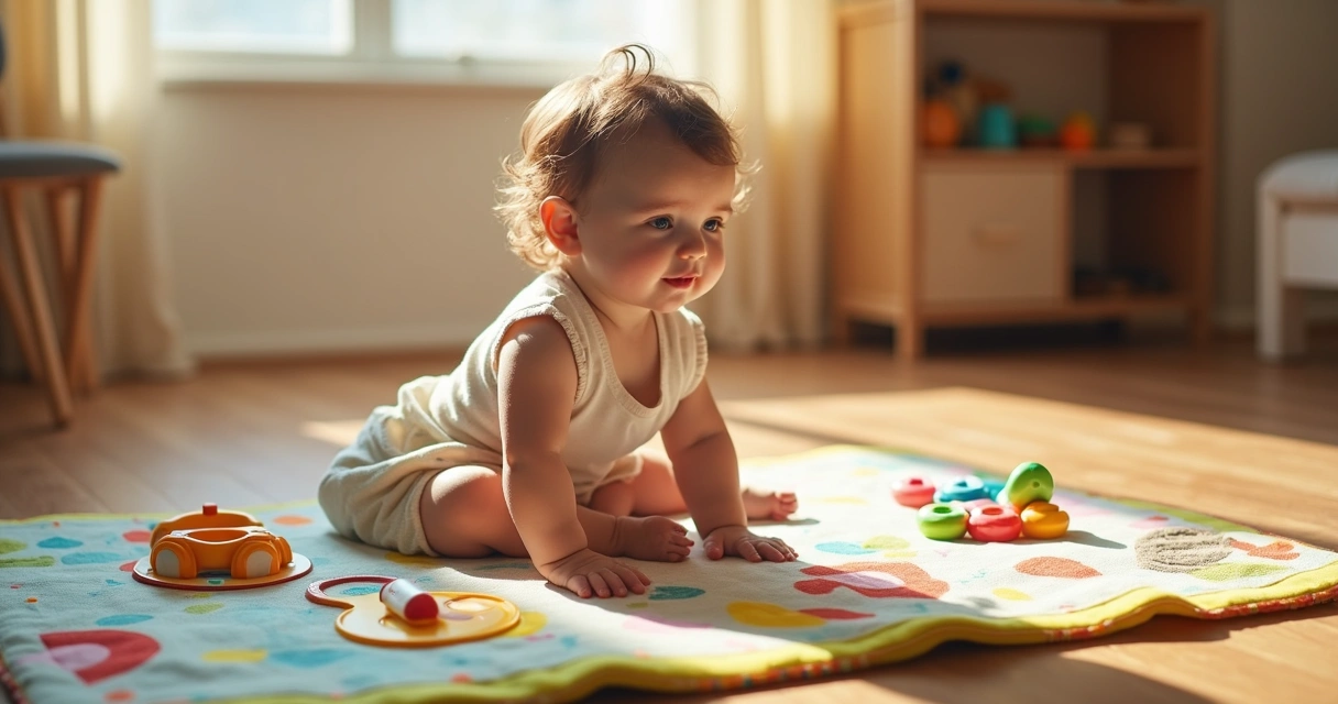 Criança pequena brincando em tapete de motricidade com brinquedos coloridos 