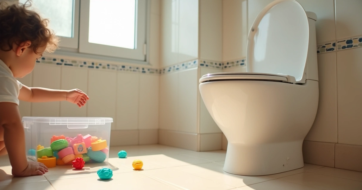 Criança guarda brinquedos longe da sanita aberta numa casa de banho moderna 