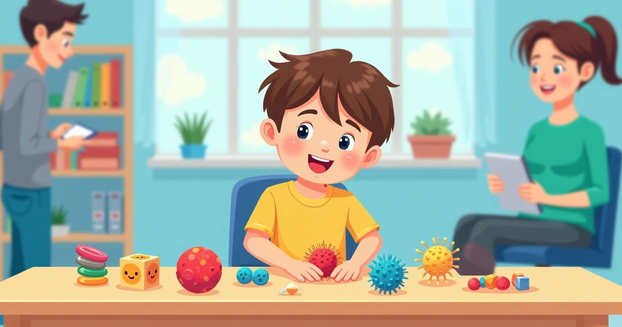 Criança brincando com brinquedos sensoriais coloridos na mesa 