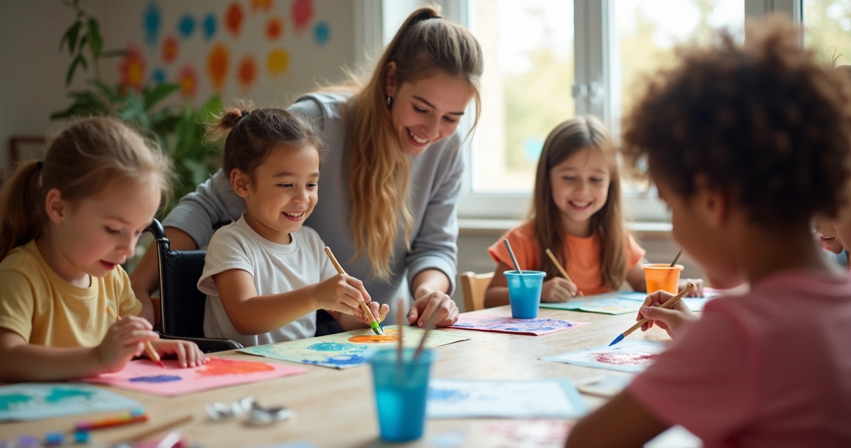 Criança em cadeira de rodas pintando com colegas 