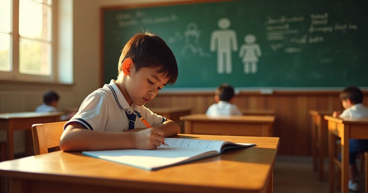 Criança escreve em caderno escolar enquanto sombras de família aparecem no quadro ao fundo 