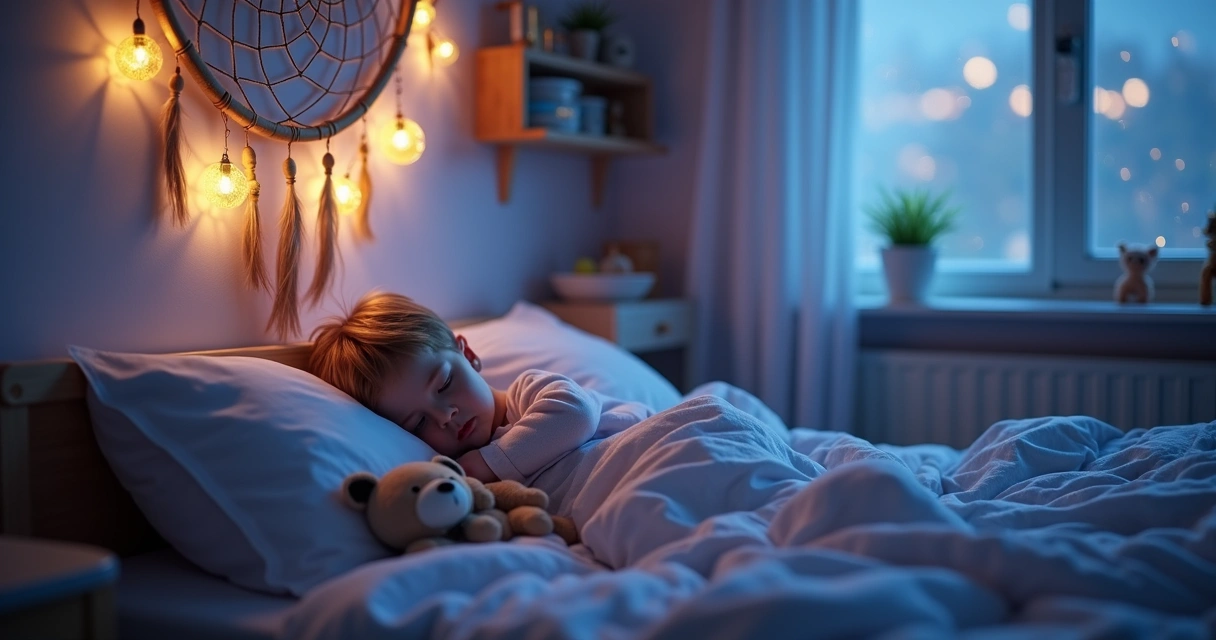 Criança dormindo com filtro dos sonhos acima da cama 