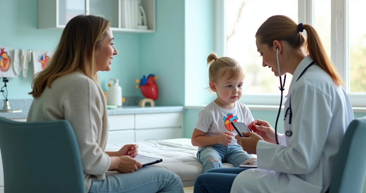 Criança com cardiopatia congênita em consulta pediátrica com os pais 