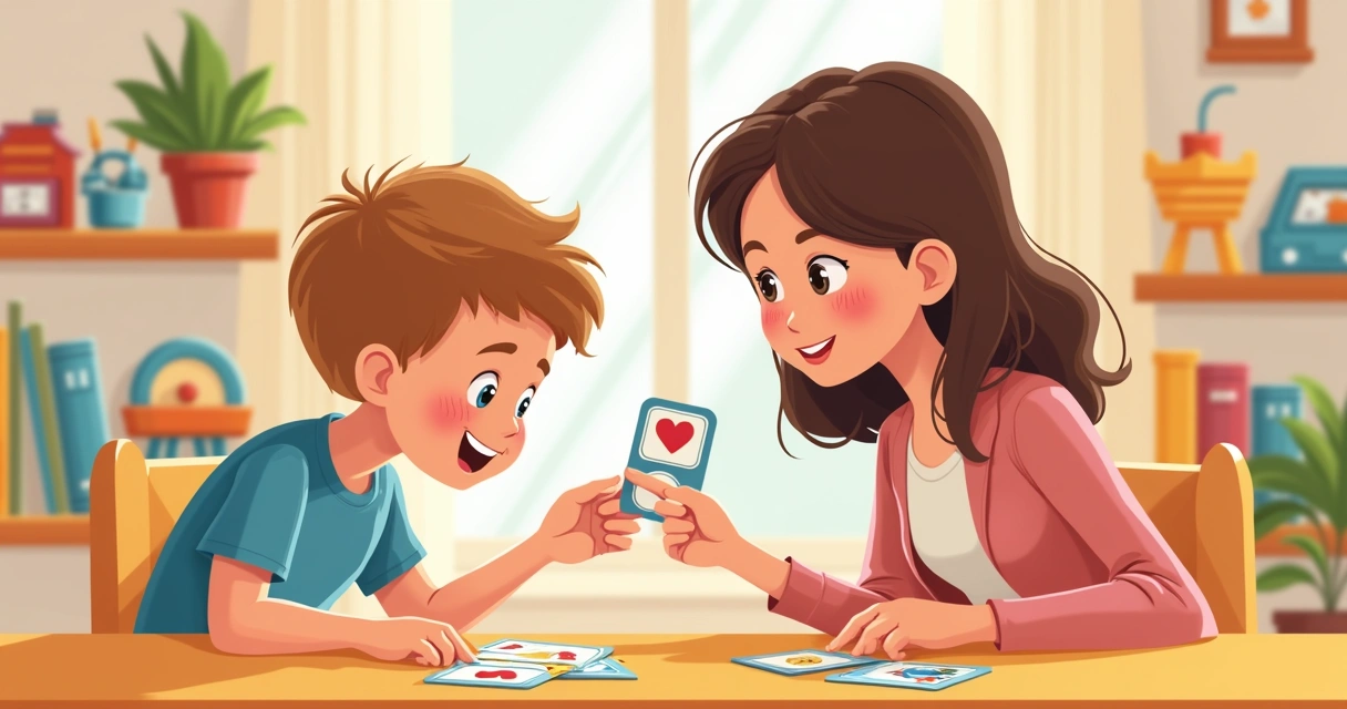 Menino sentado à mesa segurando cartão PECS, ao lado de uma terapeuta sorridente 