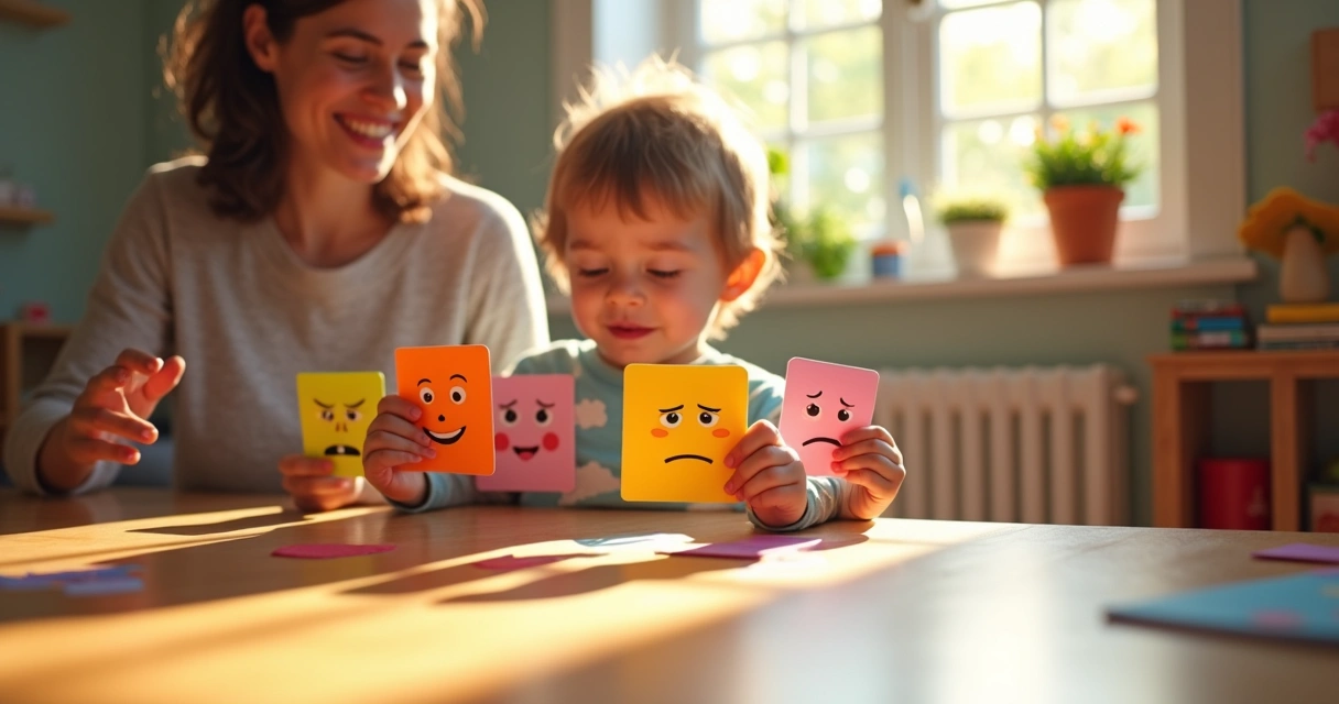 Criança segurando cartões coloridos com diferentes expressões faciais