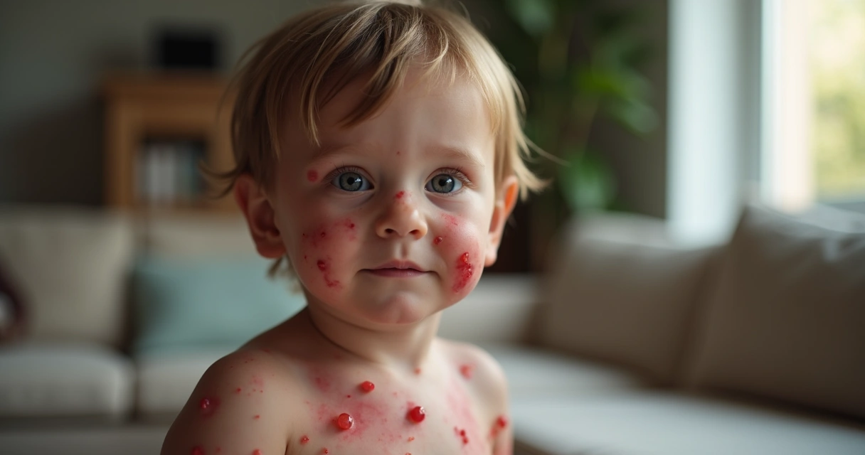 Criança com lesões de catapora espalhadas pelo corpo 