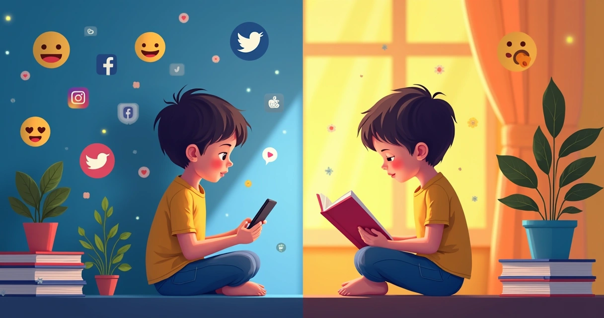 Criança com expressão pensativa segurando um livro enquanto um celular está por perto