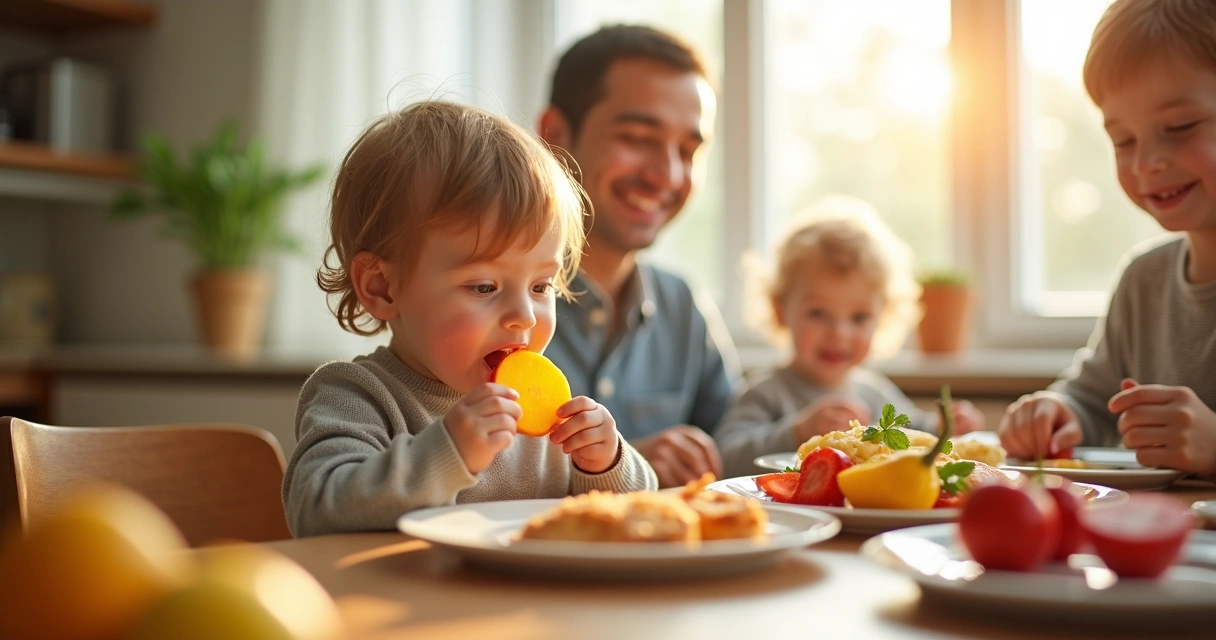 Criança cheirando fruta na mesa do café da manhã 