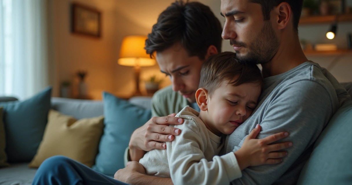 Adulto conforta criança chorando em sofá 