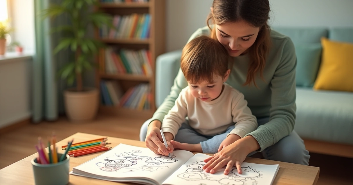 Criança pequena colorindo livro ao lado de adulto em ambiente calmo 
