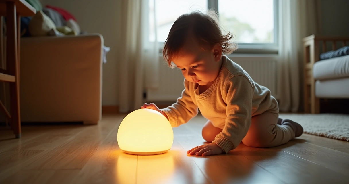 Criança brincando com um brinquedo luminoso, alegre e concentrada