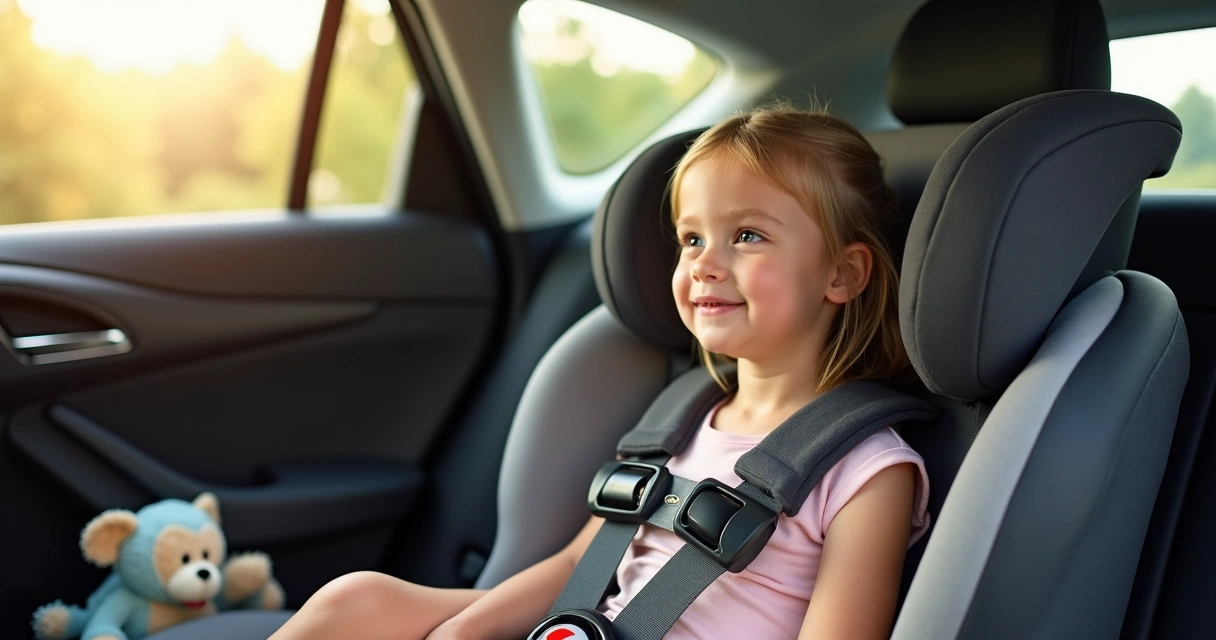Menina sentada em cadeirinha no banco traseiro de um carro 