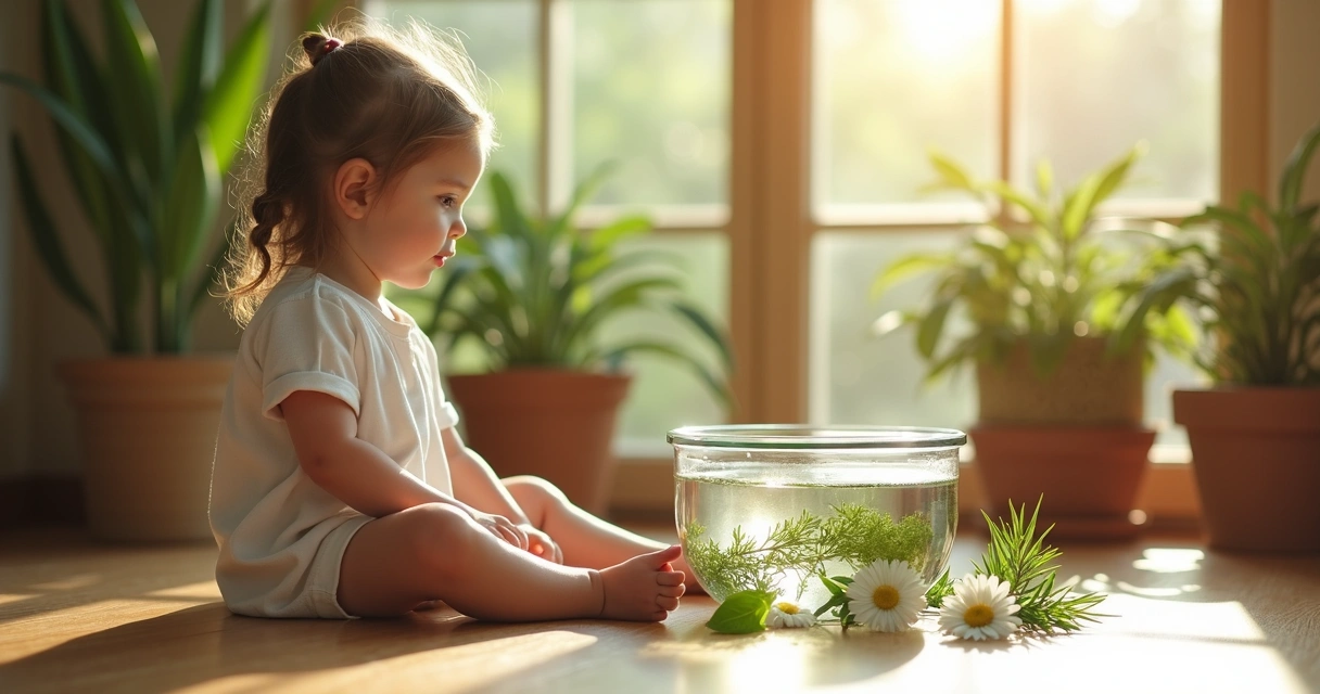 Menina sorrindo perto de bacia com ervas e água para banho de proteção espiritual