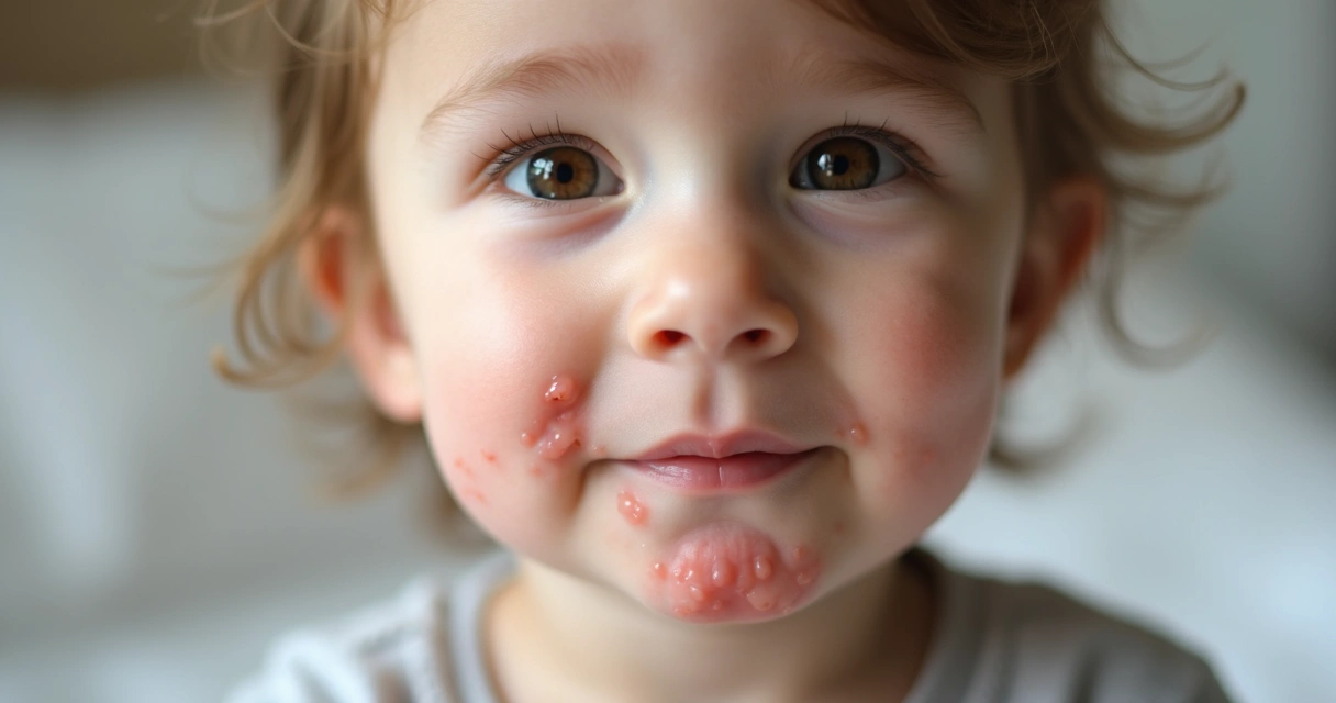 Criança com pequenas feridas de herpes ao redor da boca