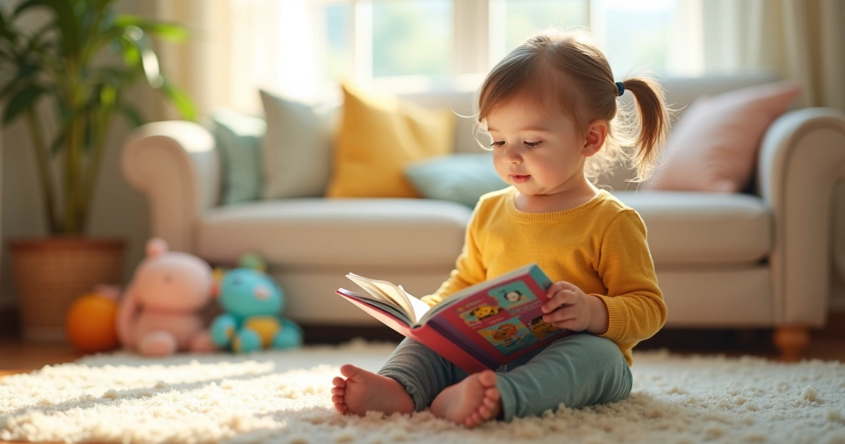 Menina pequena com livro colorido sentado na sala de casa 