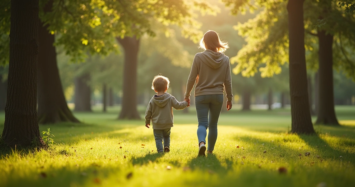 Criança caminhando com mãe na natureza