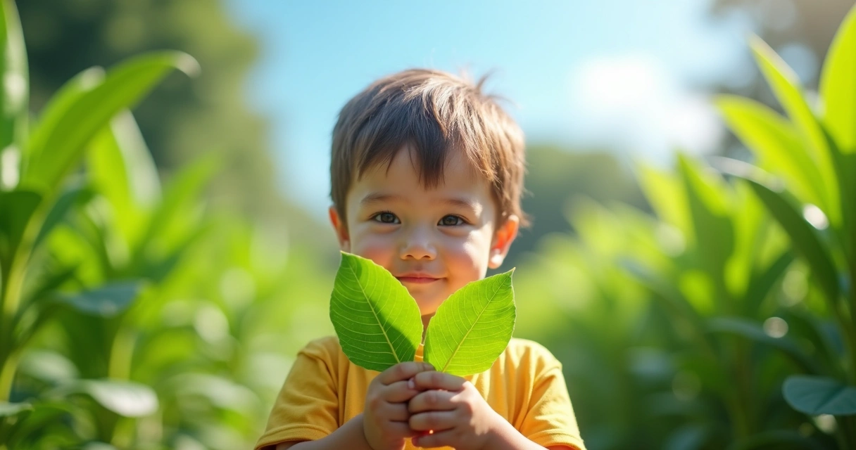 Criança segurando folha fresca de moringa em ambiente ao ar livre com luz natural e plantas ao redor 