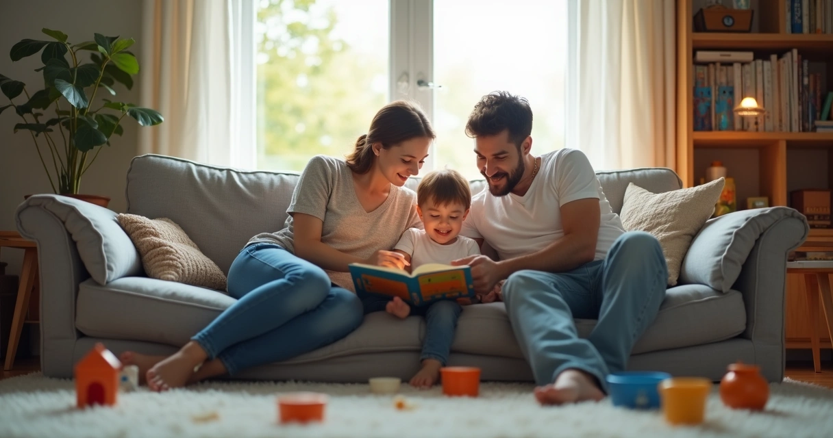 Criança sentada no sofá lendo com os pais 