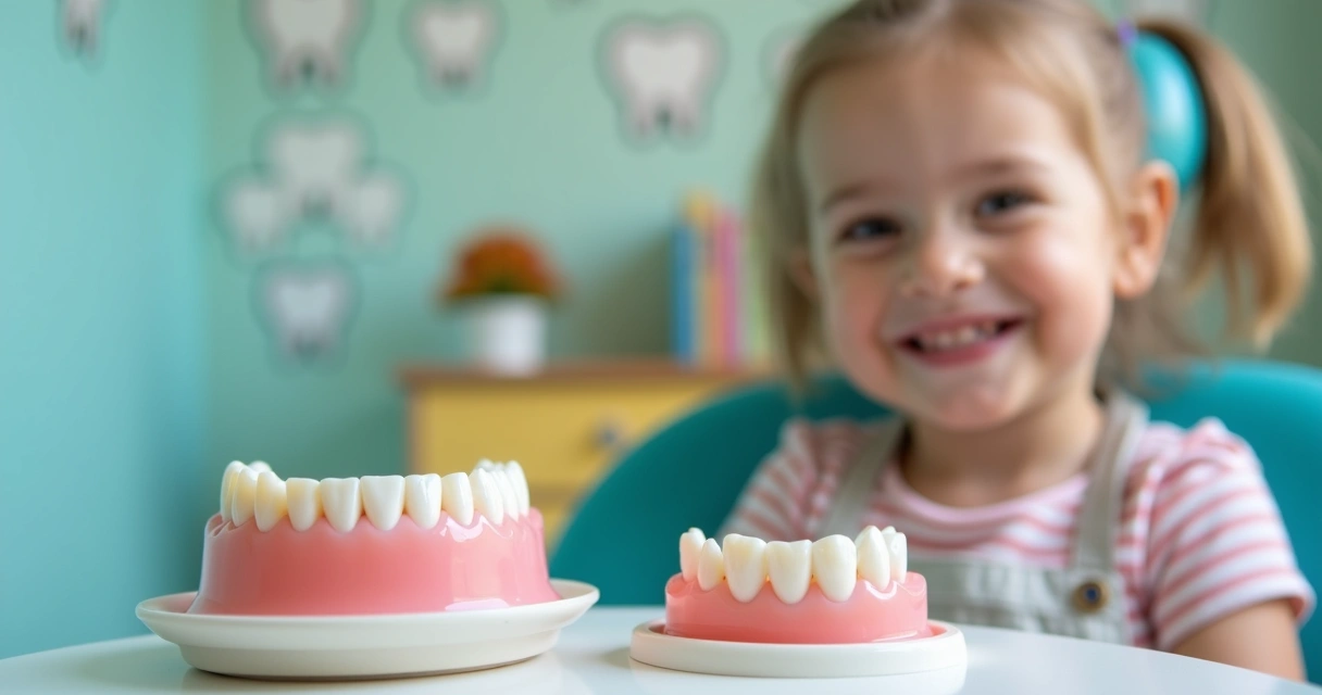 Criança mostrando sorriso com prótese dentária flexível em ambiente odontológico acolhedor 