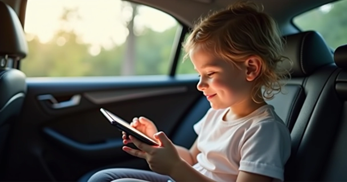 Criança sentada no banco de trás do carro usando tablet para ouvir histórias durante viagem 