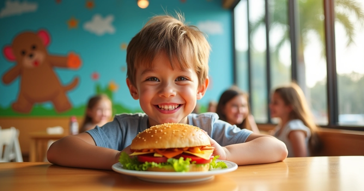 Criança sorrindo comendo lanche colorido em Orlando 