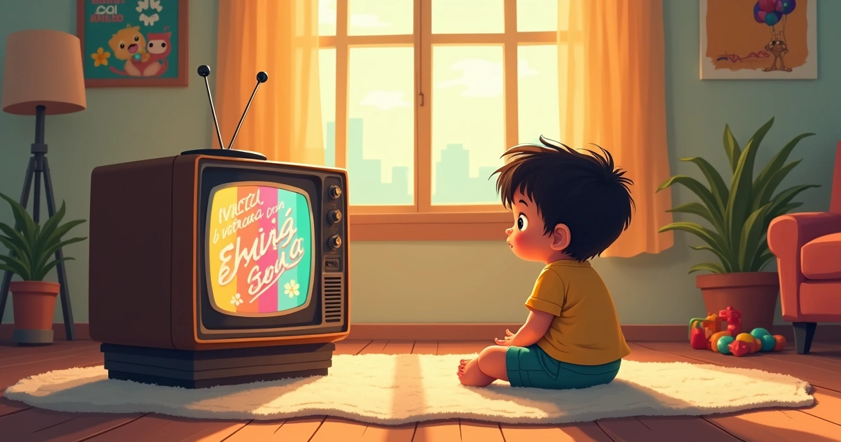 Criança assistindo comercial vintage na televisão 
