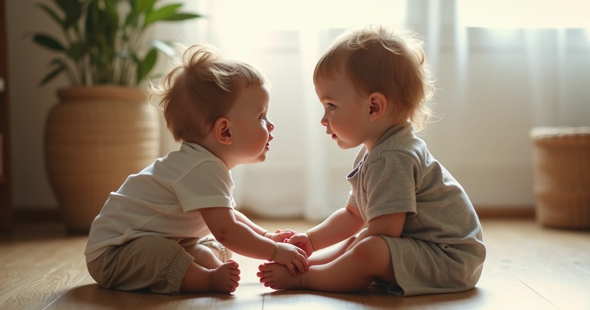 Adulto segurando as mãos de uma criança, ambos sentados no chão, em um momento de conexão. 