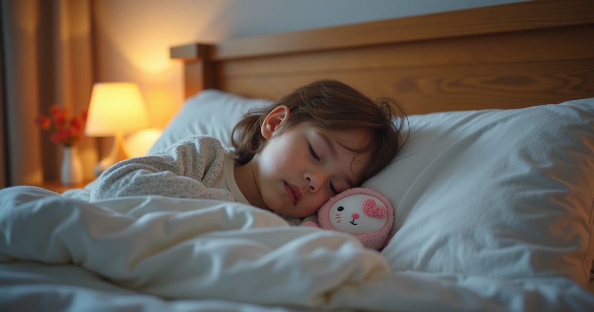 Criança deitada na cama com expressão serena, ambiente acolhedor com luz suave e elementos calmantes ao redor 
