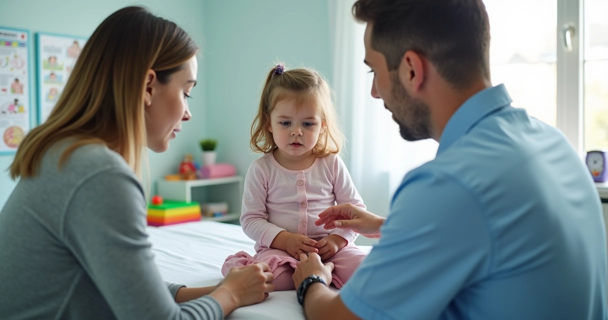 Menina pequena em consulta médica pediátrica 