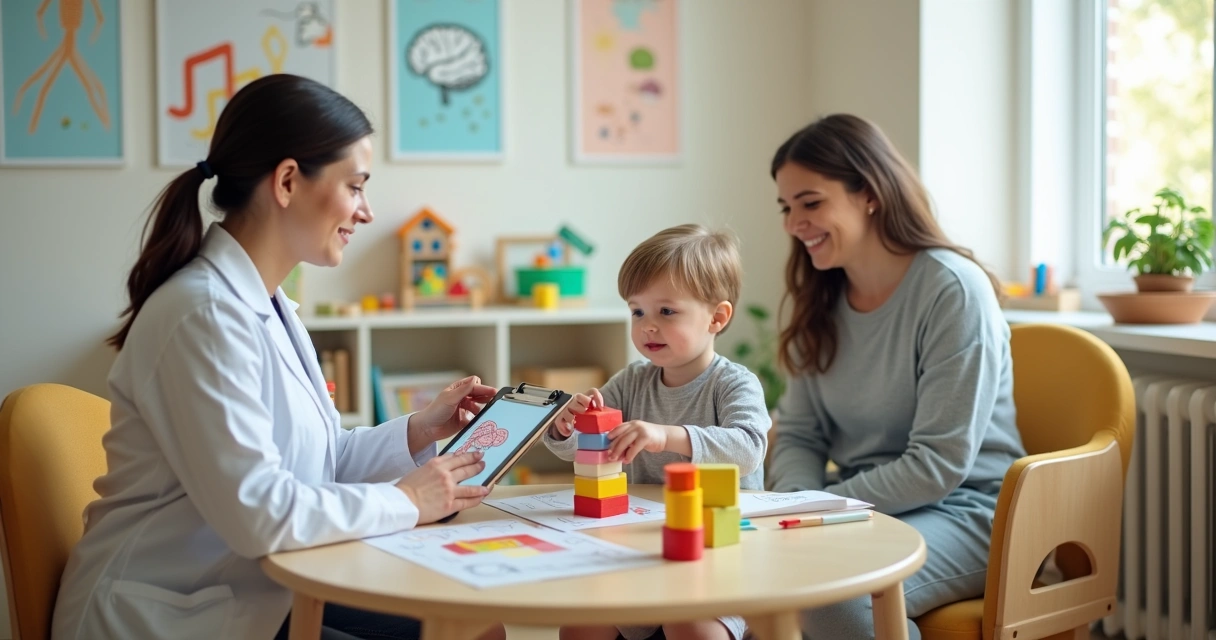 Criança pequena em consulta neurológica com pediatra em clínica infantil acolhedora 
