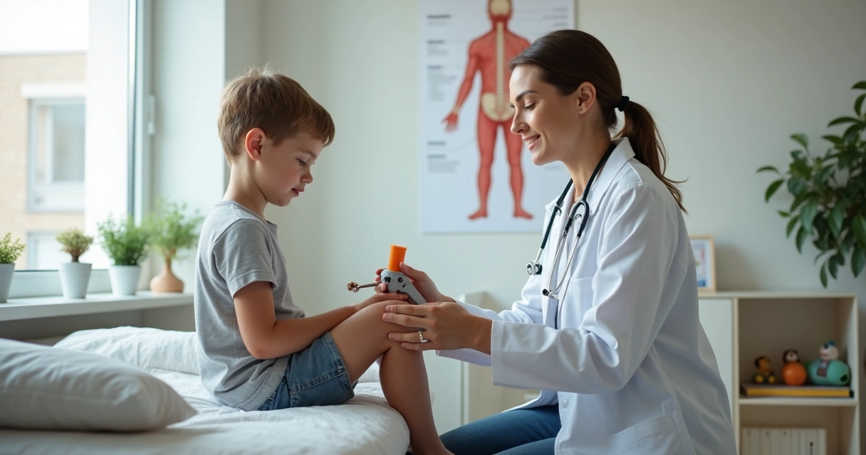 Criança em consulta neurológica pediátrica com médico examinando reflexos 