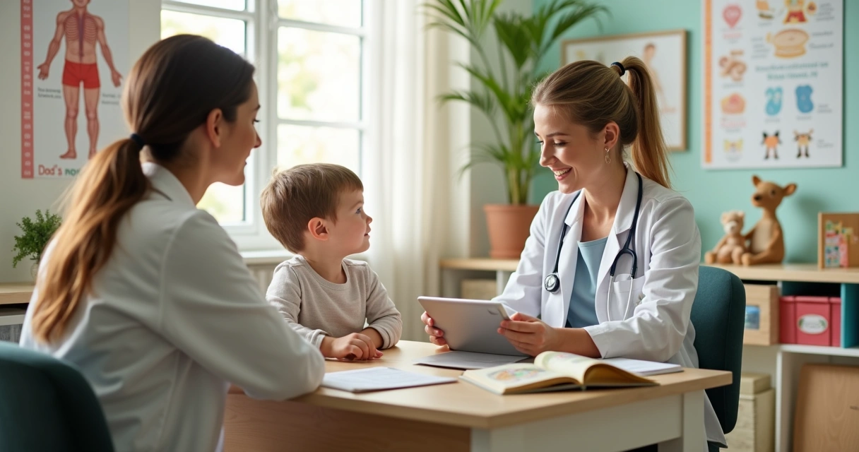 Nutricionista conversa com criança e mãe durante consulta infantil 