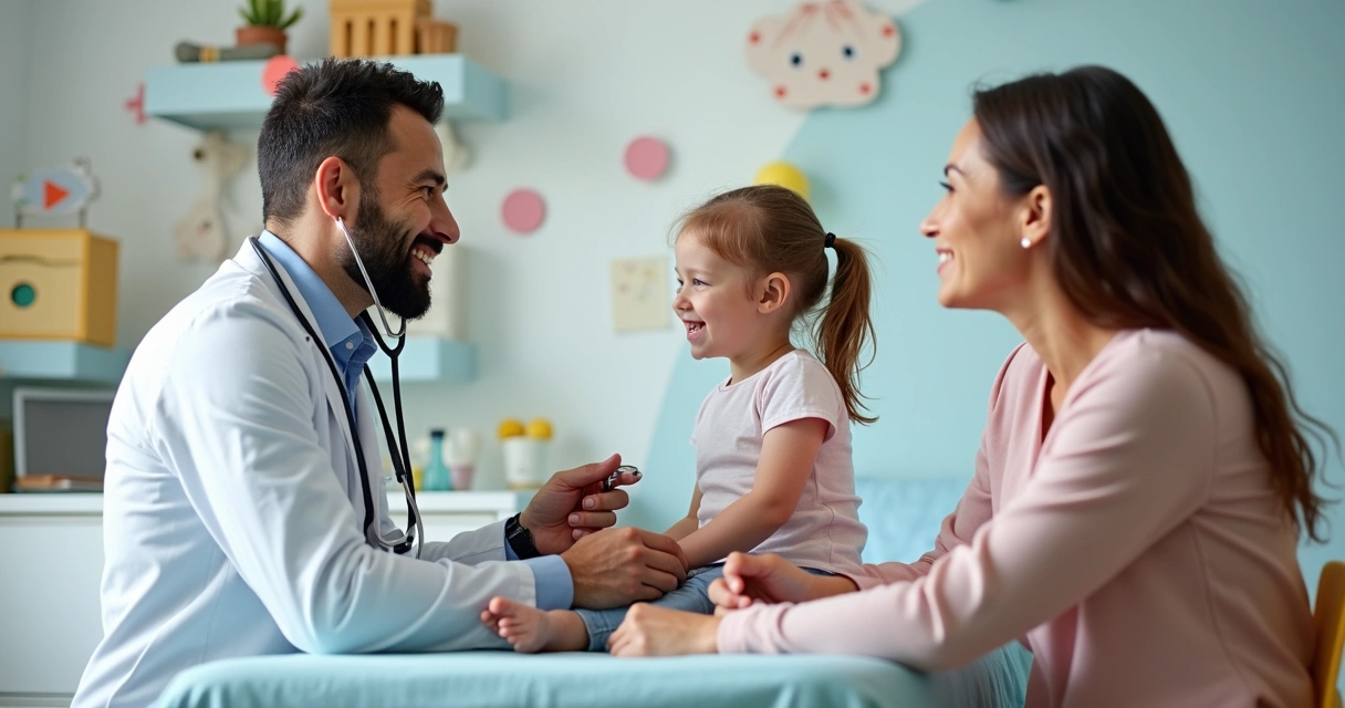 Menina sorrindo sentada ao lado da médica durante consulta pediátrica 