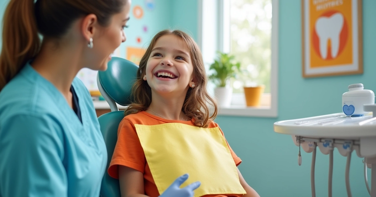 Criança sorrindo em consultório odontológico