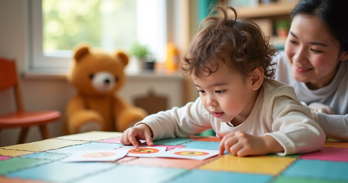Criança deitada em uma mesa colorida, apontando cartões de emoções 