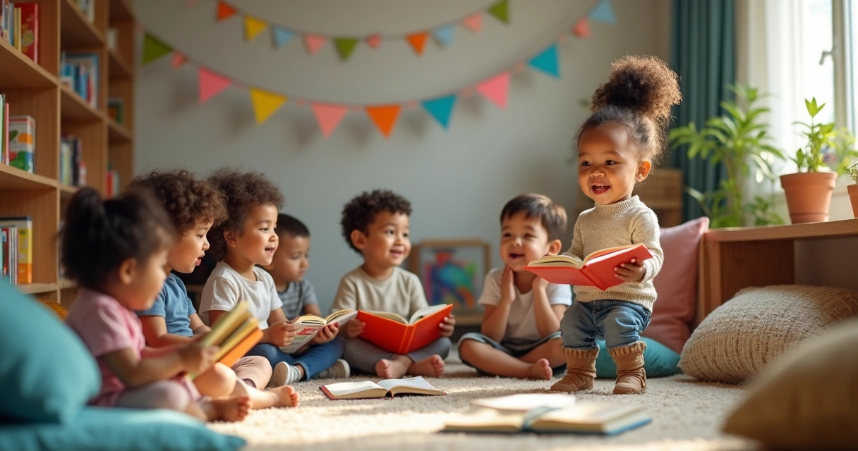 Criança contando histórias em roda para outras crianças com livros abertos