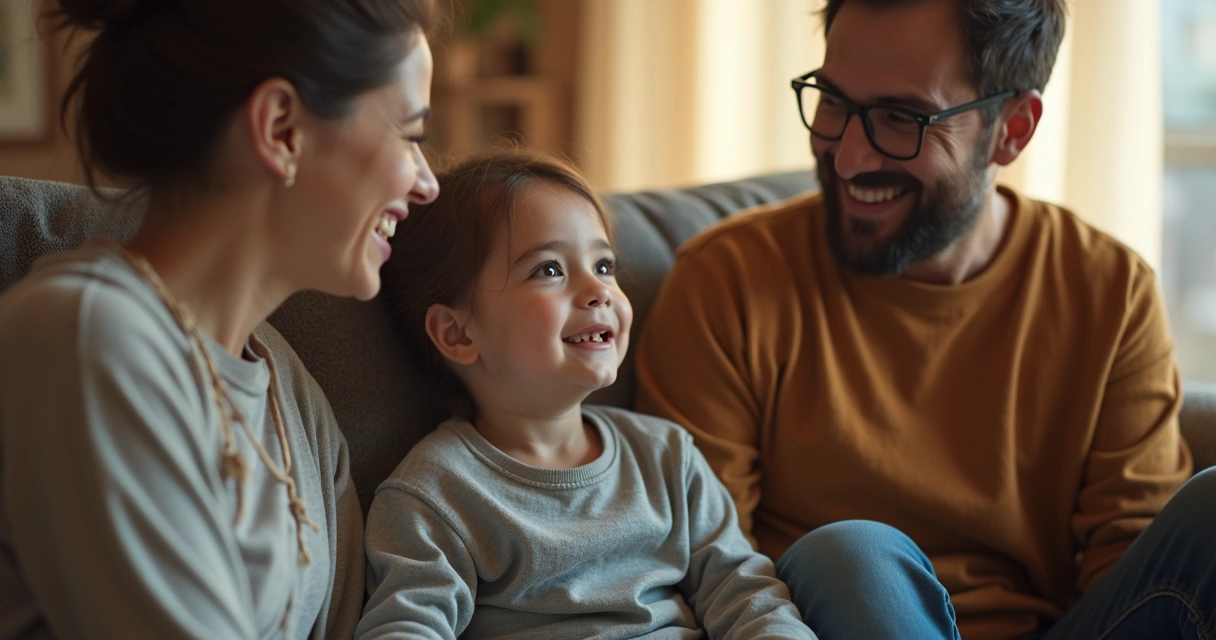 Criança pequena conversando com pais na sala de casa 