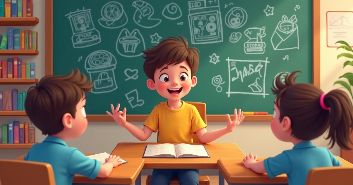 Criança sorridente conversando animada sobre uma cena de filme clássico 