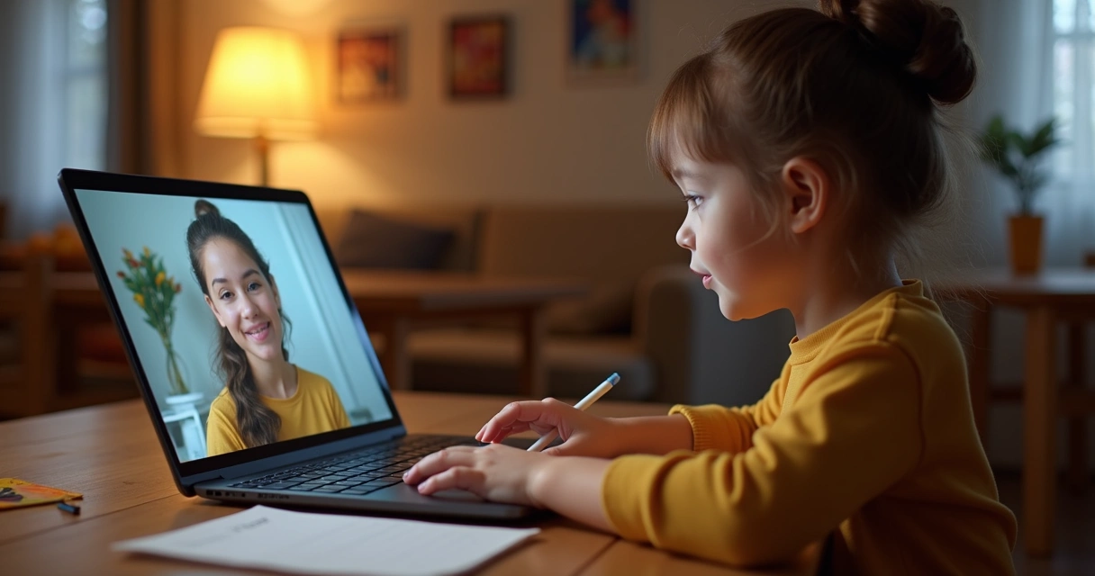 Criança falando por videochamada com um dos pais, sentada à mesa com notebook ligado
