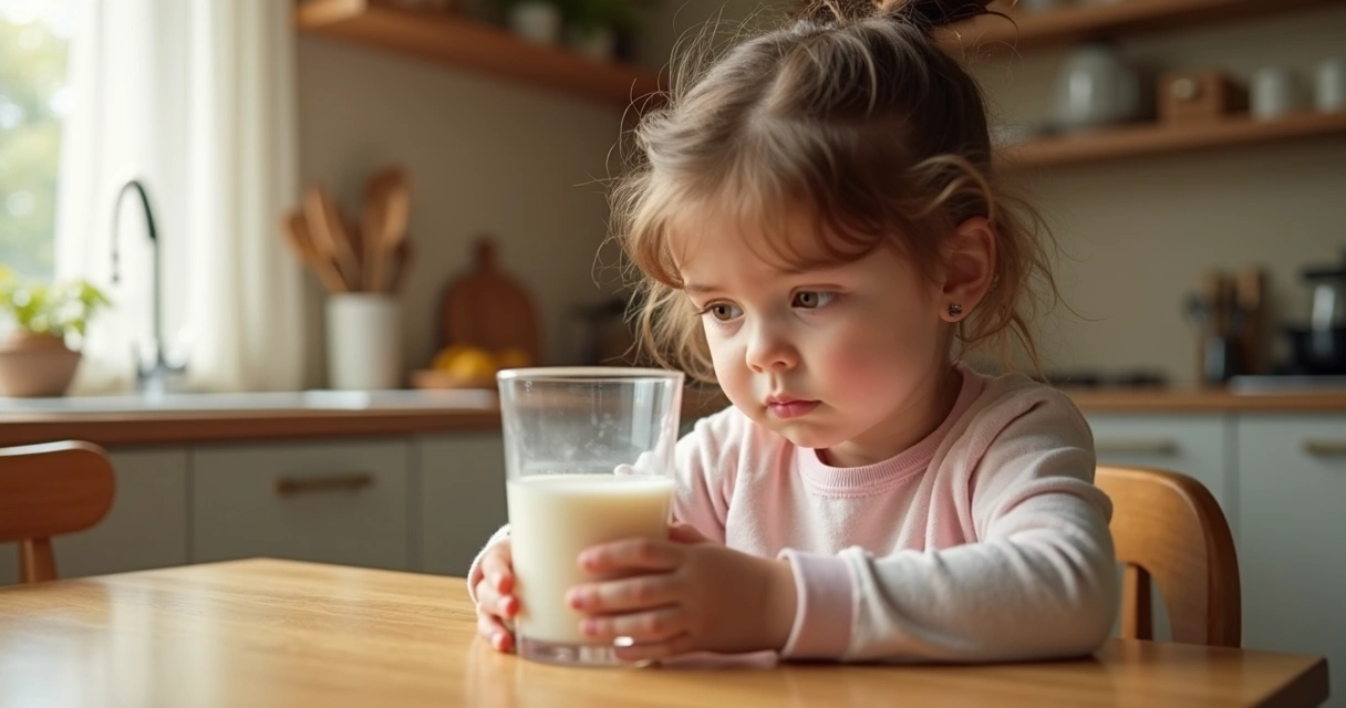 Menina pequena olhando copo de leite com expressão de dúvida.