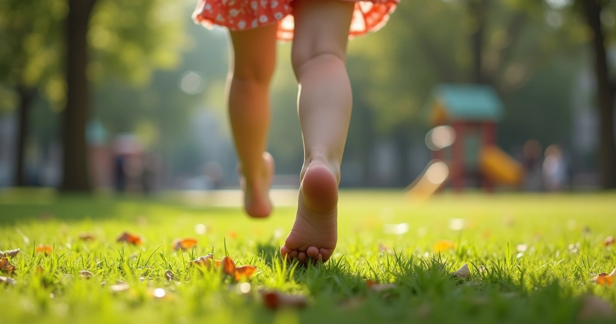 Criança correndo em parque mostrando os pés 