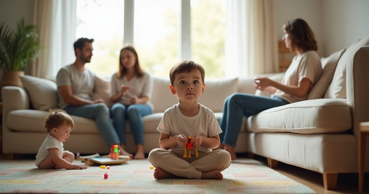Criança com olhar parado no sofá enquanto a família conversa ao redor 