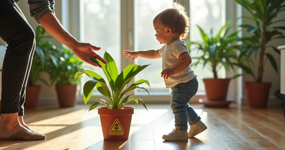 Criança curiosa olhando uma planta em vaso com placa de alerta
