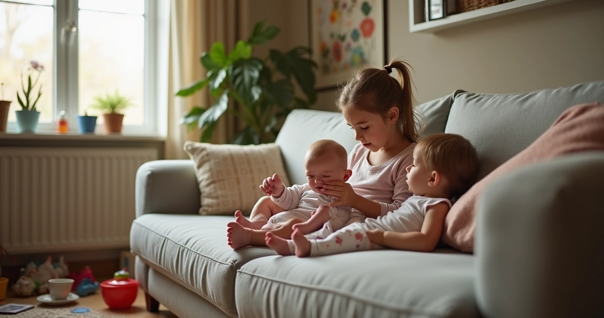 Criança cuidando de irmãos menores no sofá de uma sala iluminada. 