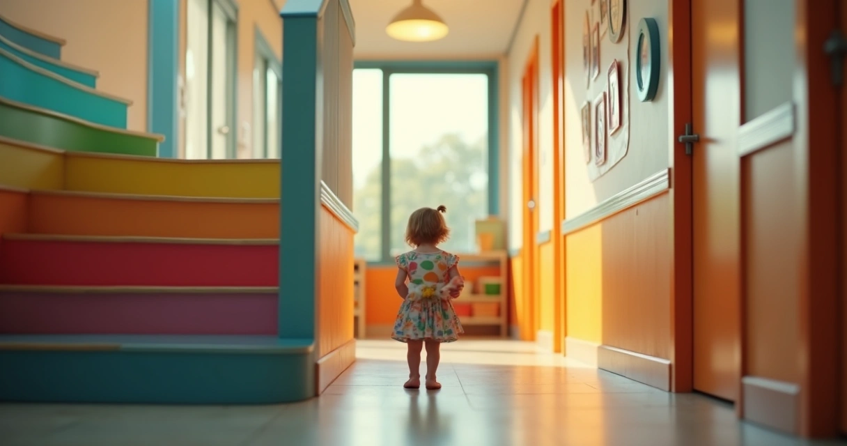 Criança pequena parada ao final de uma escada de escola, olhando para trás com o rosto calmo. 