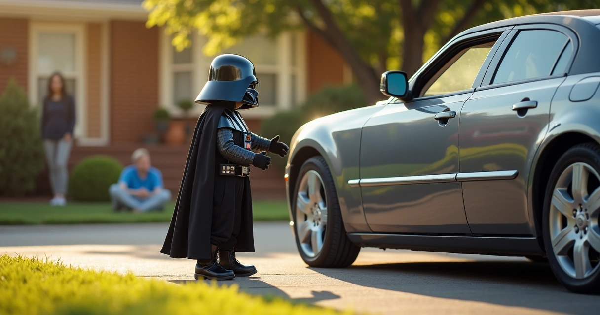 Criança fantasiada de Darth Vader tentando usar a Força diante de um carro 